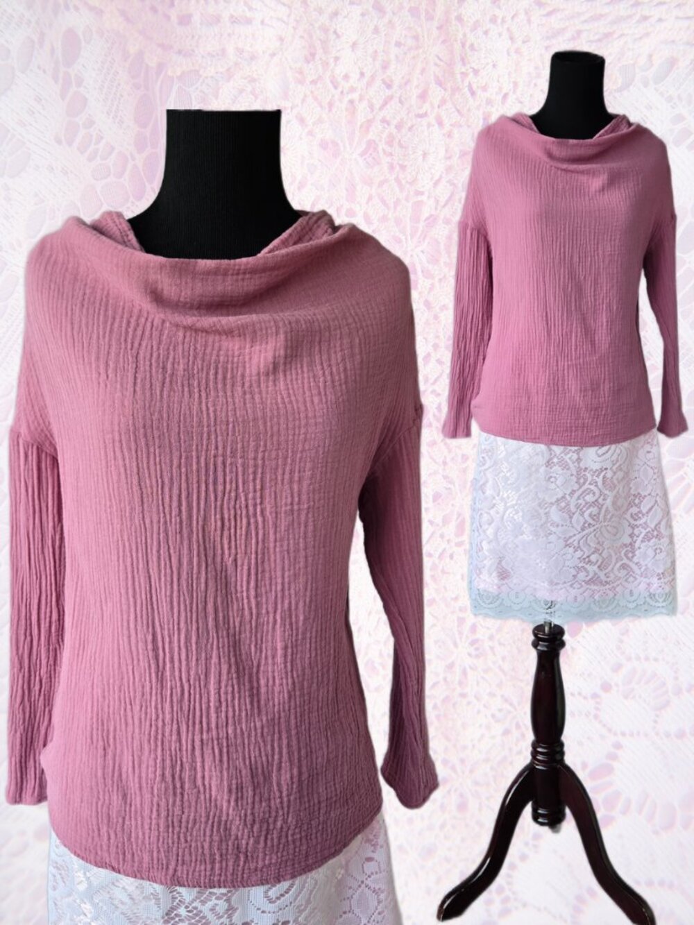 Cowl Neck Crinkle Long Sleeve Vintage Style Romantic Beige Mauve Top